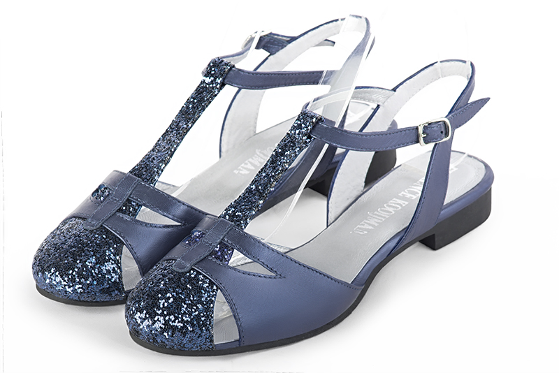Prussian blue women's open back T-strap shoes. Round toe. Flat leather soles. Front view - Florence KOOIJMAN